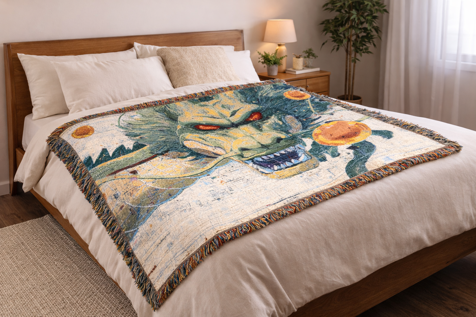 Anime Inspired Dragon Blanket | Mythical Creature Woven Throw | Japanese Style Cozy Home Decor Gift