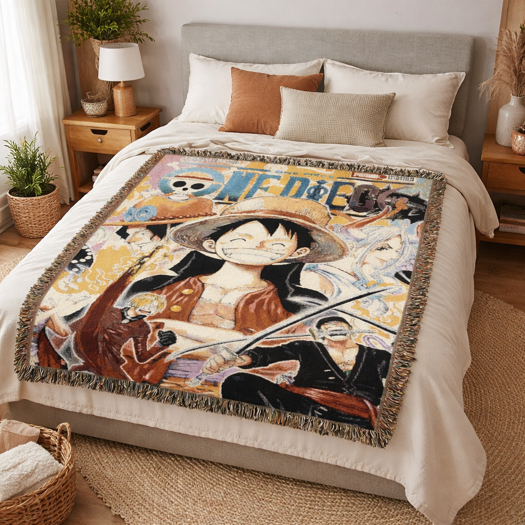 Vintage Pirate Anime Blanket | Straw Hat Crew Woven Throw | Cozy Manga Style Home Decor | Gift for Anime Fans