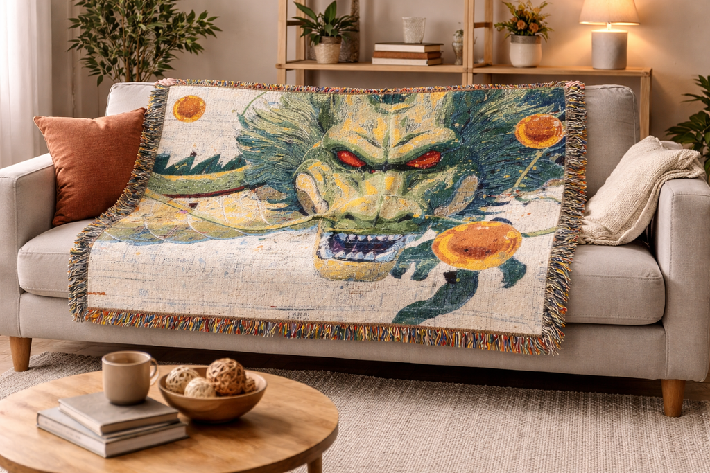 Anime Inspired Dragon Blanket | Mythical Creature Woven Throw | Japanese Style Cozy Home Decor Gift