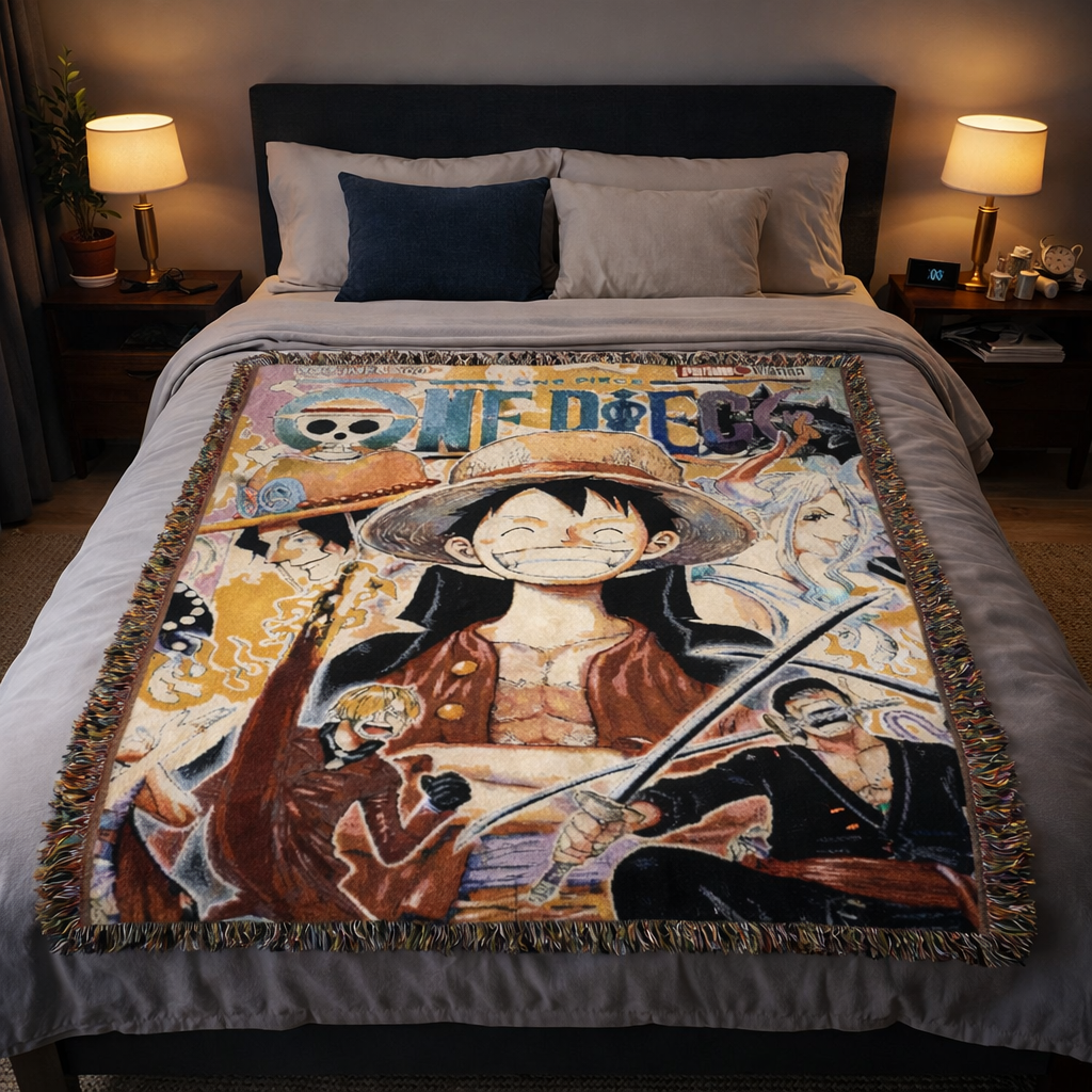 Vintage Pirate Anime Blanket | Straw Hat Crew Woven Throw | Cozy Manga Style Home Decor | Gift for Anime Fans