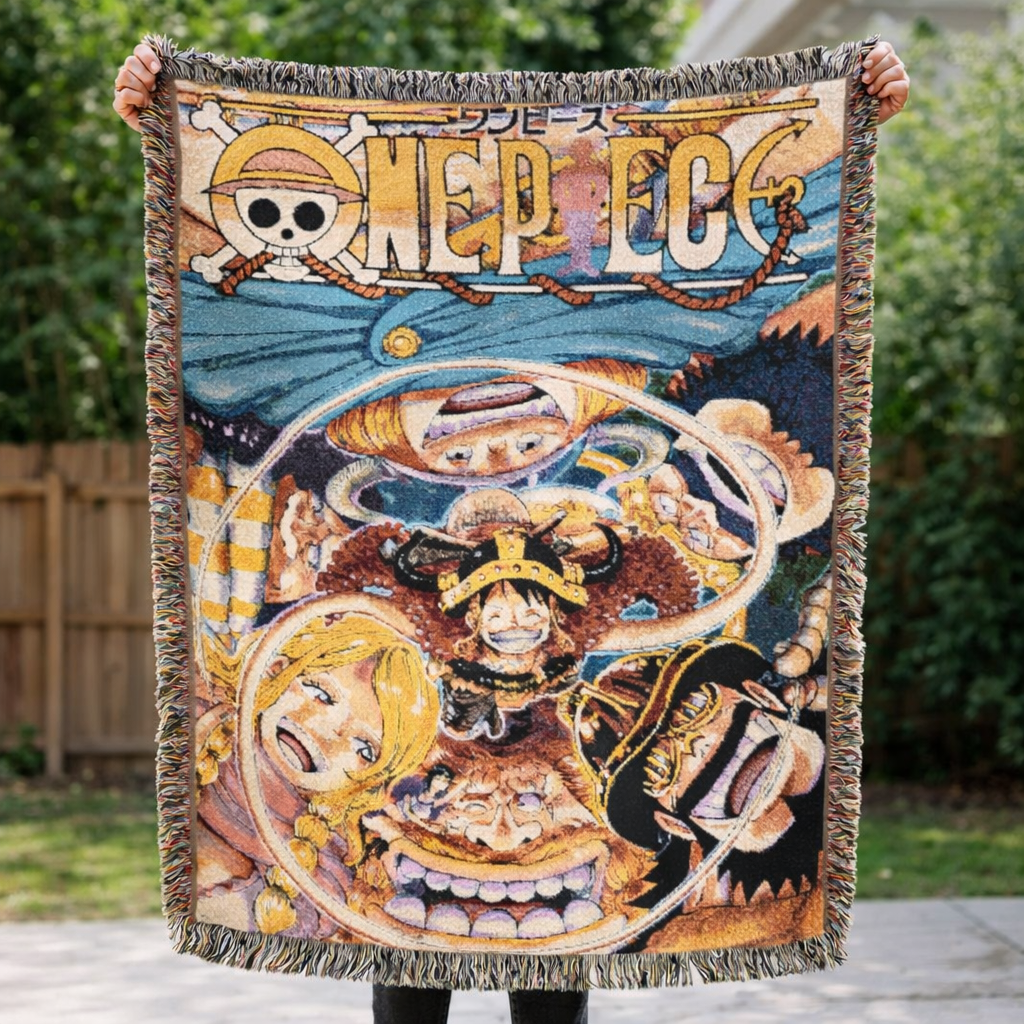Pirate Crew Adventure Woven Blanket | Vintage Anime Style Throw | Cozy Cotton Tapestry Home Decor