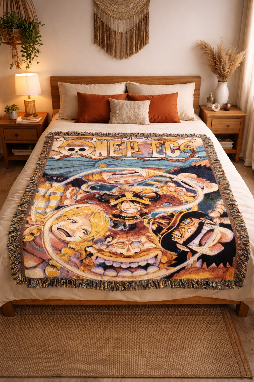 Pirate Crew Adventure Woven Blanket | Vintage Anime Style Throw | Cozy Cotton Tapestry Home Decor