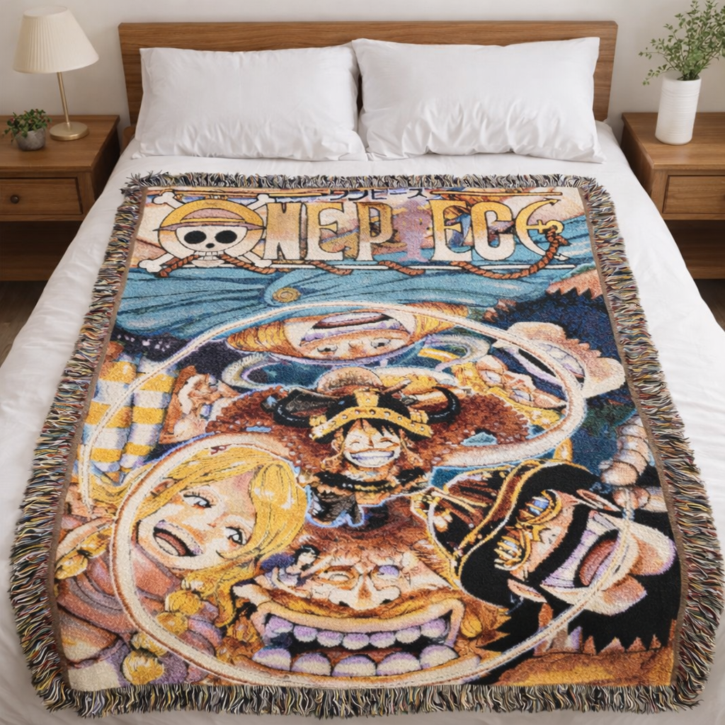 Pirate Crew Adventure Woven Blanket | Vintage Anime Style Throw | Cozy Cotton Tapestry Home Decor