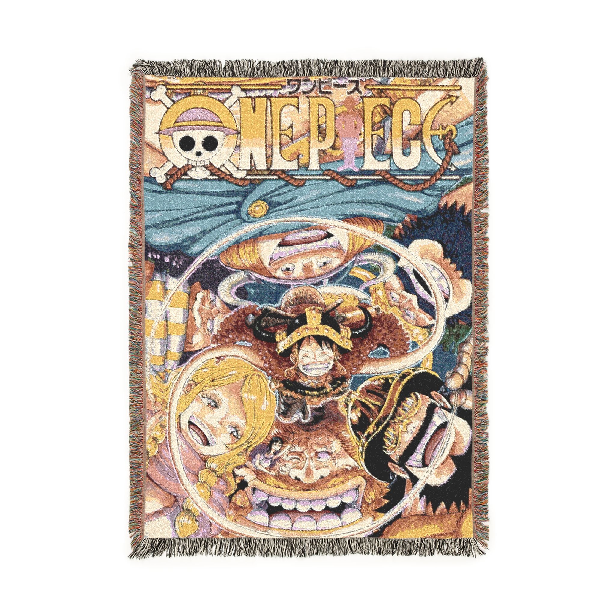 Pirate Crew Adventure Woven Blanket | Vintage Anime Style Throw | Cozy Cotton Tapestry Home Decor