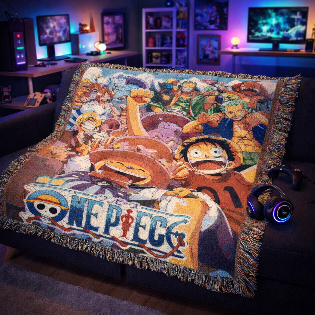 Straw Hat Crew Woven Blanket | Colorful Anime Adventure Throw | Cozy Cotton Tapestry Home Decor