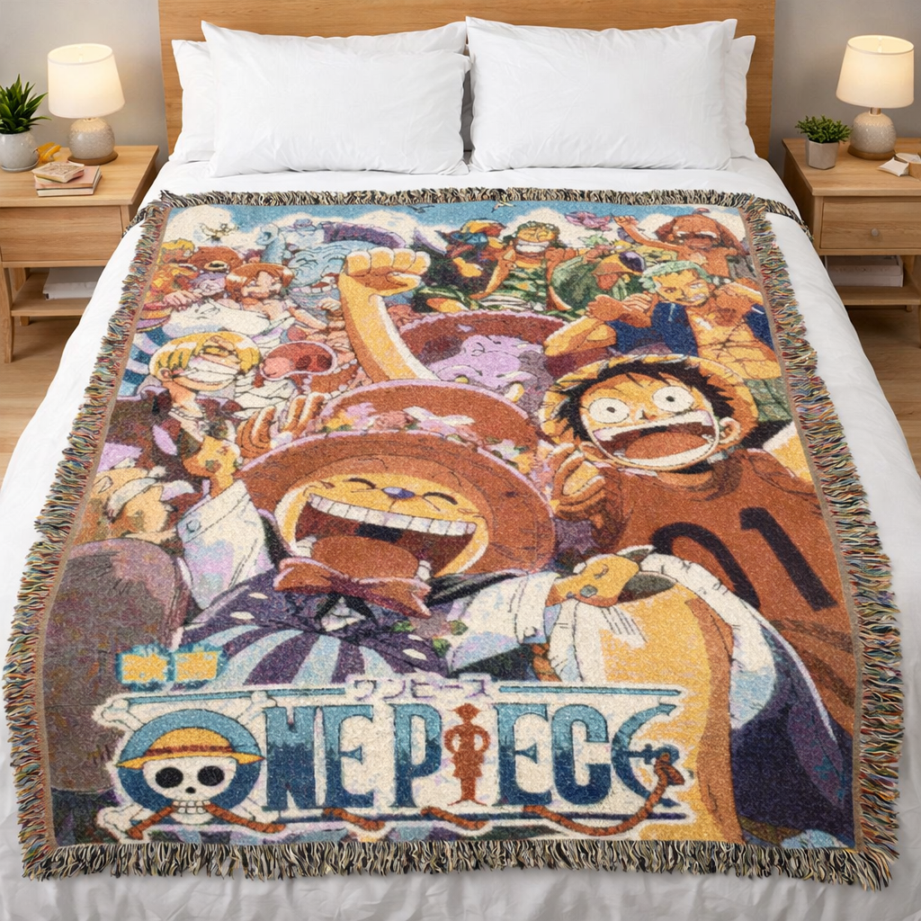 Straw Hat Crew Woven Blanket | Colorful Anime Adventure Throw | Cozy Cotton Tapestry Home Decor
