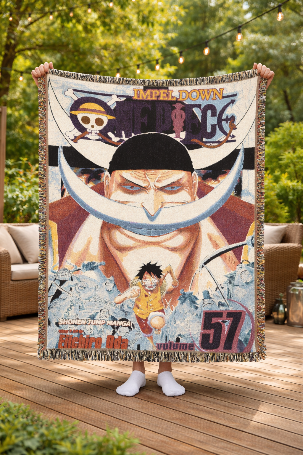 White Beard Legendary Pirate Woven Blanket – Anime Inspired Epic Battle Throw – Premium Cotton Art