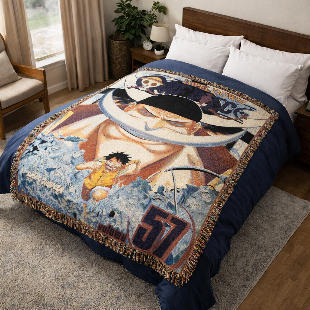 White Beard Legendary Pirate Woven Blanket – Anime Inspired Epic Battle Throw – Premium Cotton Art