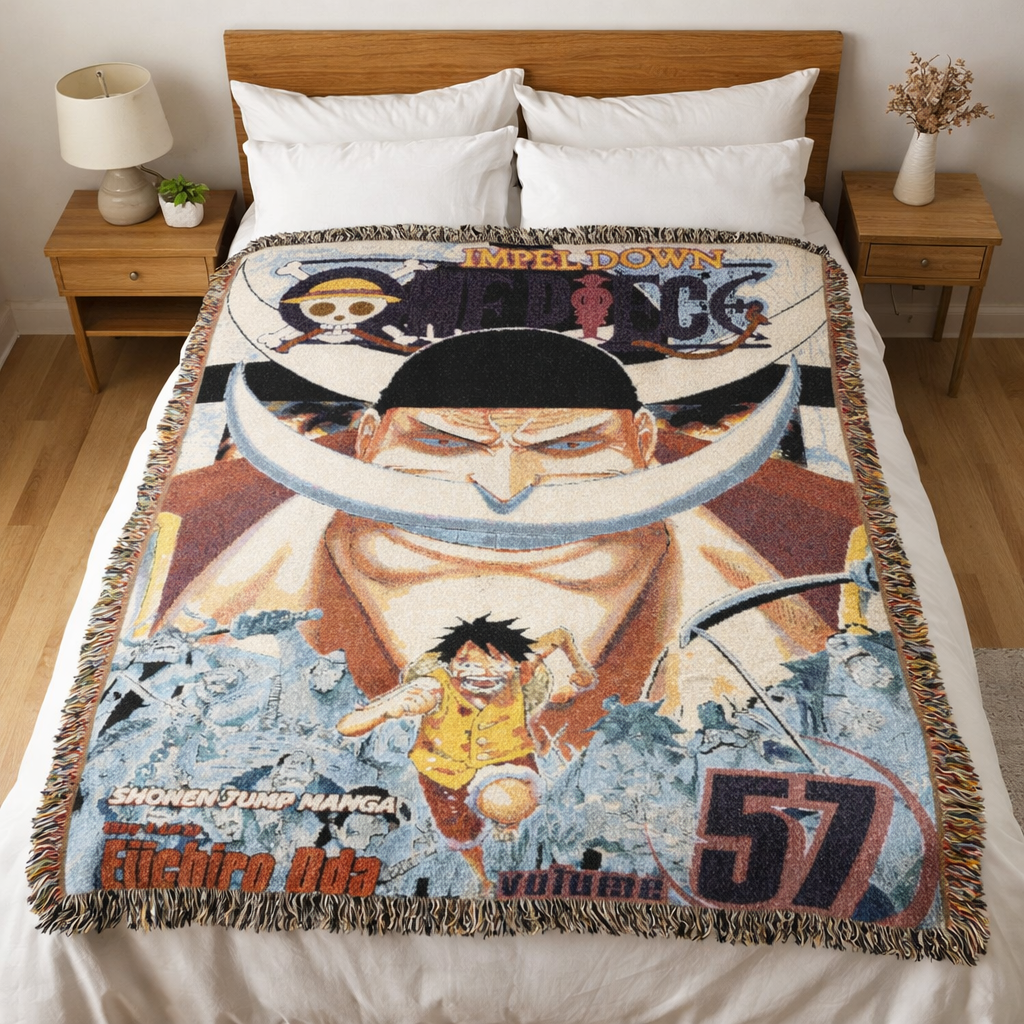 White Beard Legendary Pirate Woven Blanket – Anime Inspired Epic Battle Throw – Premium Cotton Art