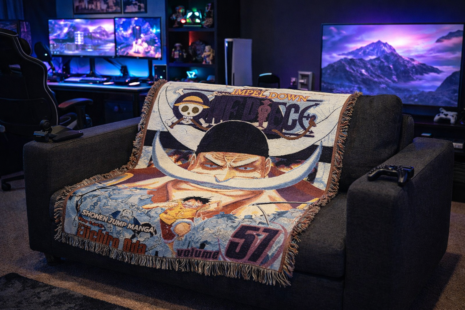 White Beard Legendary Pirate Woven Blanket – Anime Inspired Epic Battle Throw – Premium Cotton Art