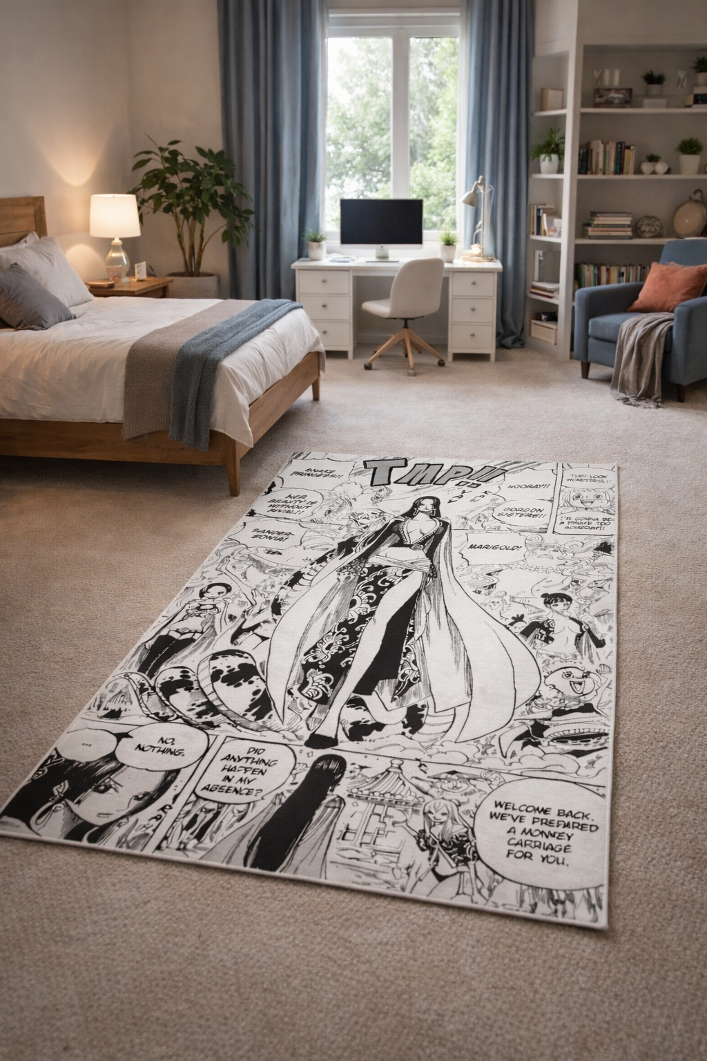 Manga Style Empress Area Rug Black and White | Anime Inspired Floor Mat | Otaku Room Decor | Aesthetic Bedroom Rug