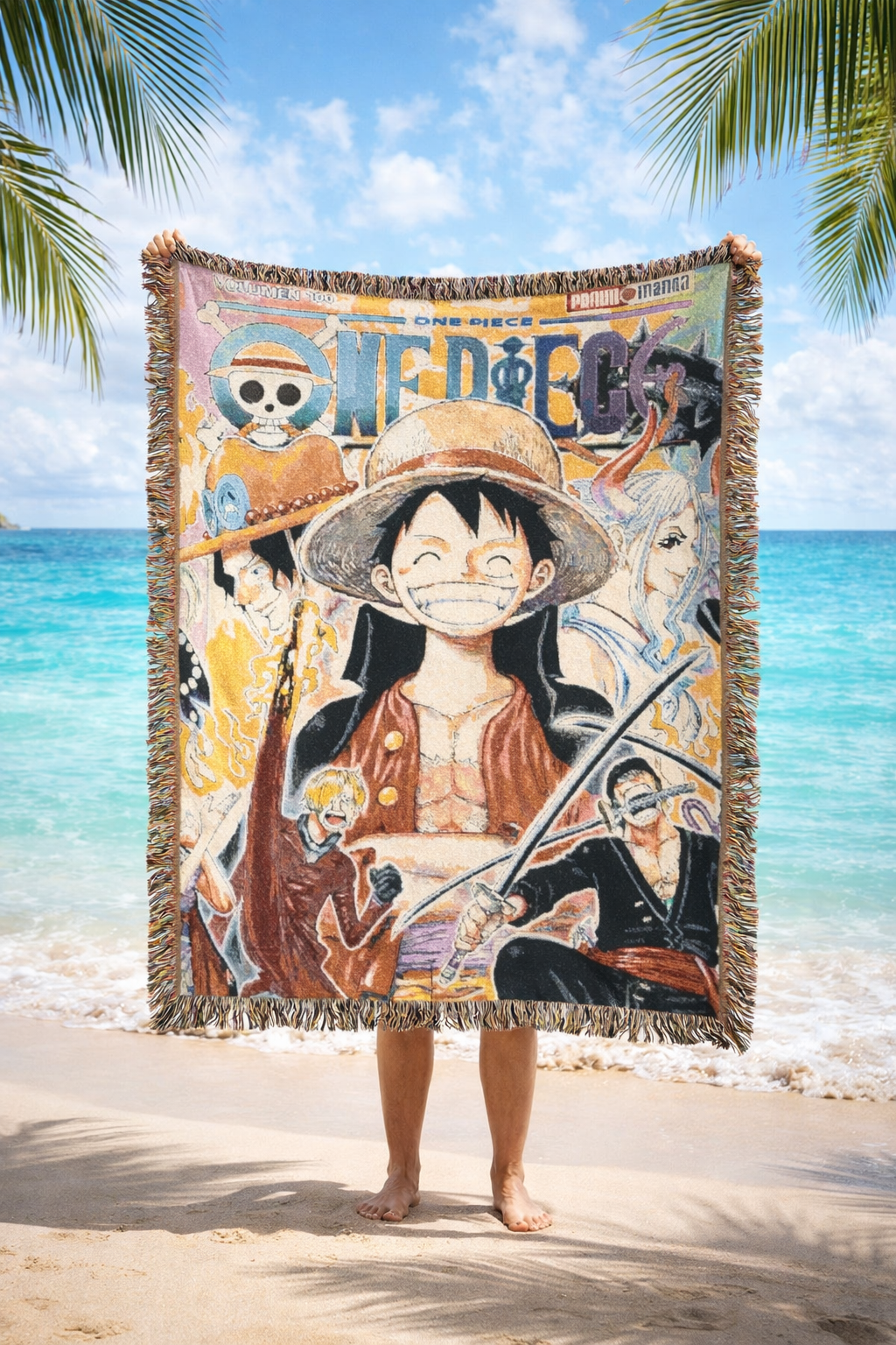 Vintage Pirate Anime Blanket | Straw Hat Crew Woven Throw | Cozy Manga Style Home Decor | Gift for Anime Fans
